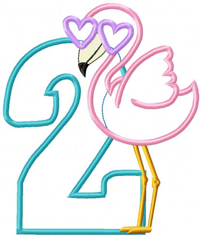 Flamingo with Sunglasses Number 2 Two 2nd Birthday - Applique