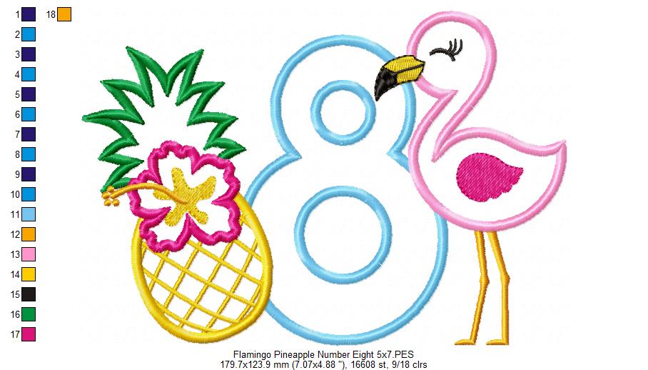 Flamingo and Pineapple with Hibiscus Flower Number 8 Eight 8th Birthday - Applique