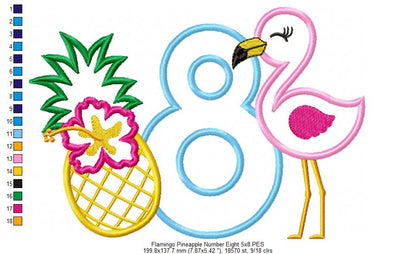Flamingo and Pineapple with Hibiscus Flower Number 8 Eight 8th Birthday - Applique