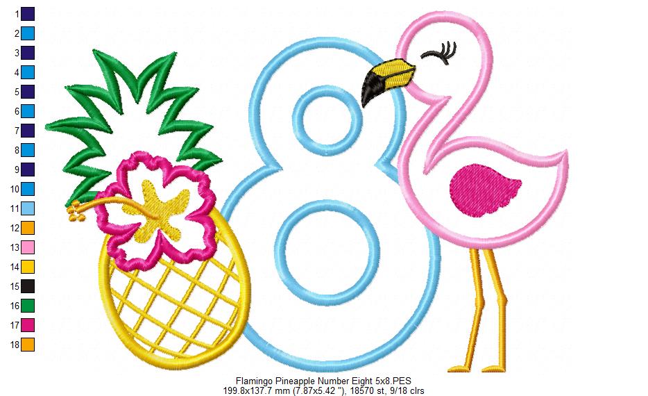 Flamingo and Pineapple with Hibiscus Flower Number 8 Eight 8th Birthday - Applique