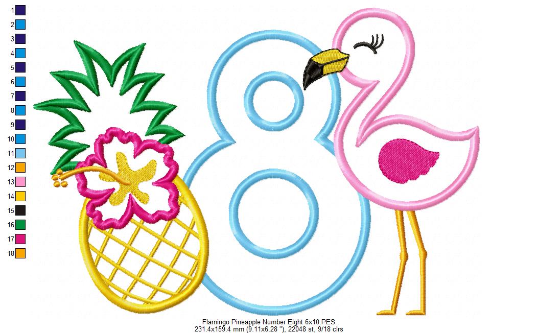 Flamingo and Pineapple with Hibiscus Flower Number 8 Eight 8th Birthday - Applique
