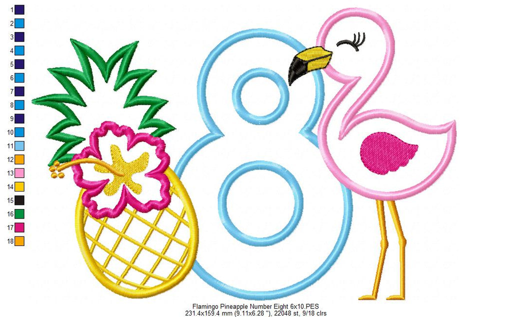 Flamingo and Pineapple with Hibiscus Flower Number 8 Eight 8th Birthday - Applique