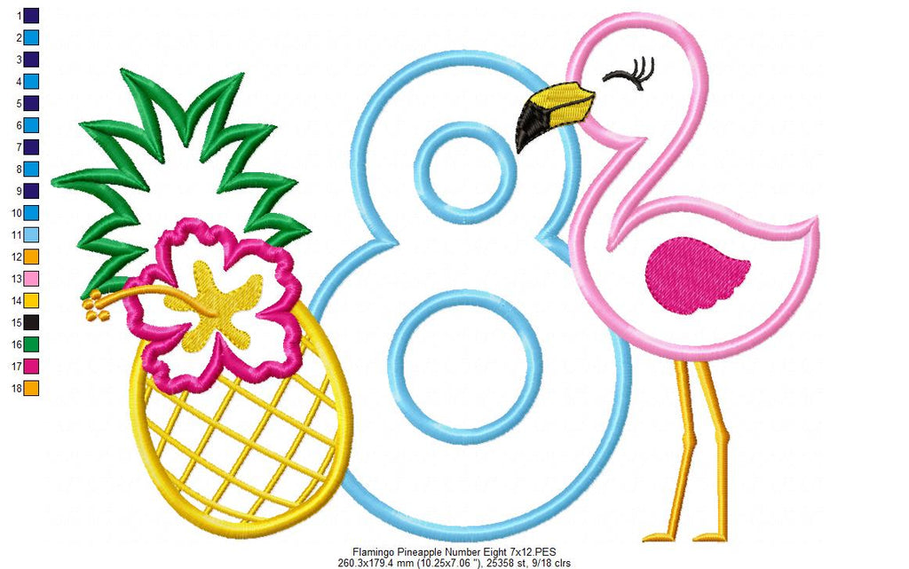 Flamingo and Pineapple with Hibiscus Flower Number 8 Eight 8th Birthday - Applique