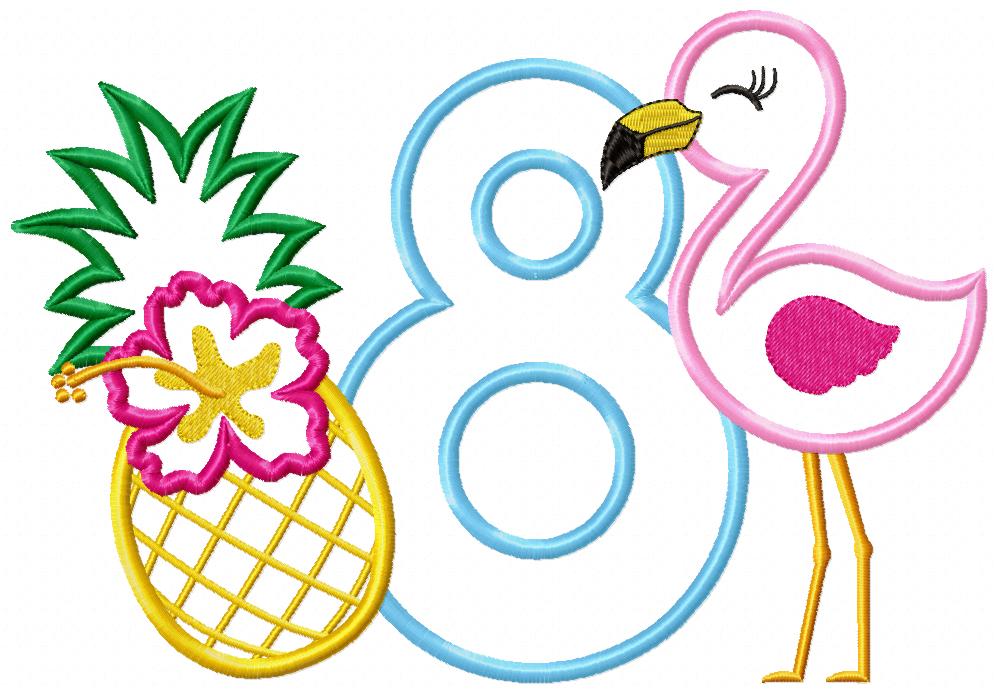 Flamingo and Pineapple with Hibiscus Flower Number 8 Eight 8th Birthday - Applique