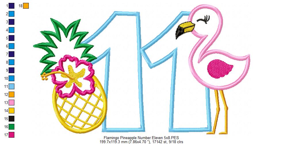 Flamingo and Pineapple with Hibiscus Flower Number Eleven 11 Elenth Birthday - Applique