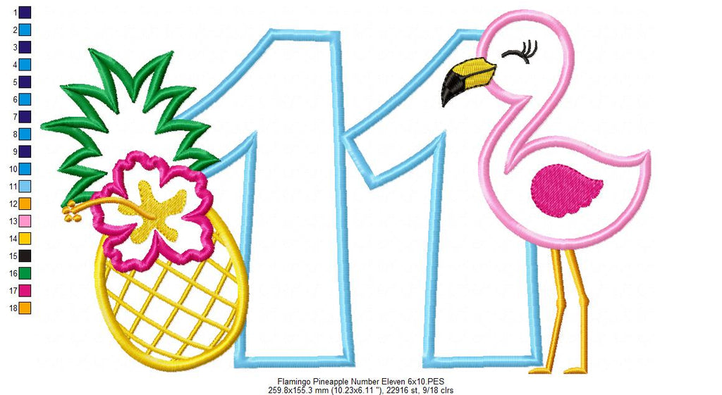 Flamingo and Pineapple with Hibiscus Flower Number Eleven 11 Elenth Birthday - Applique