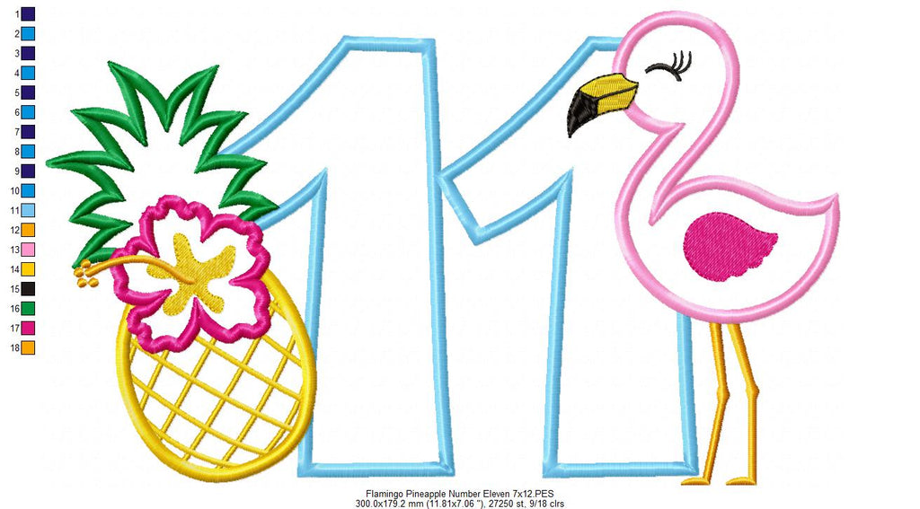 Flamingo and Pineapple with Hibiscus Flower Number Eleven 11 Elenth Birthday - Applique