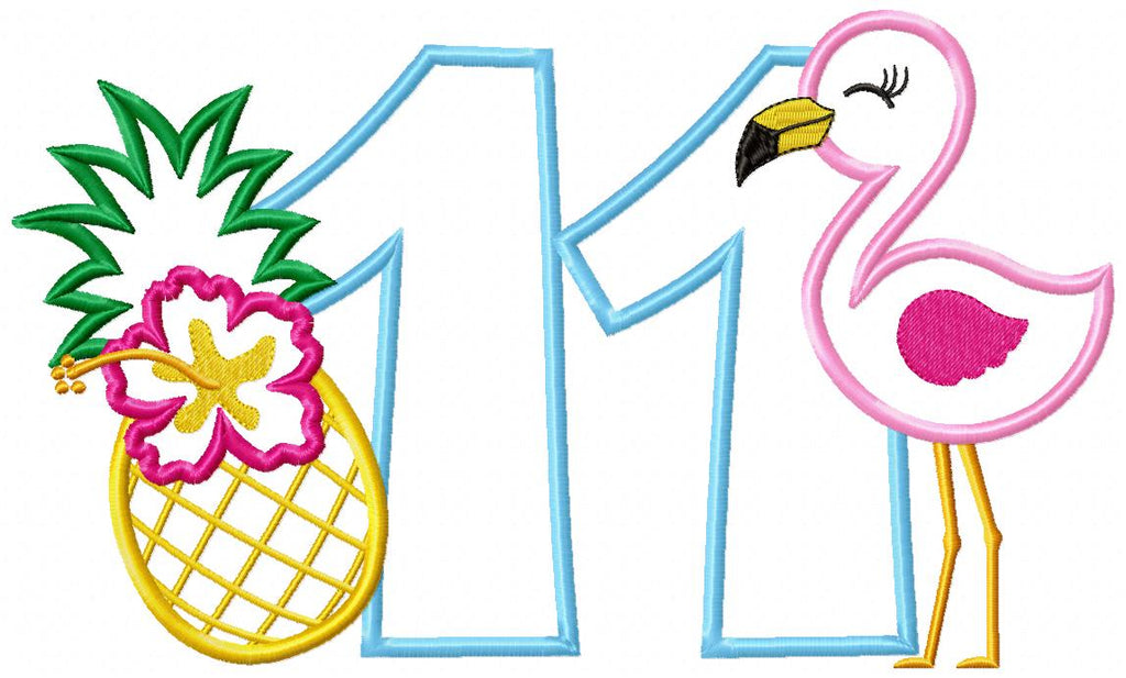 Flamingo and Pineapple with Hibiscus Flower Number Eleven 11 Elenth Birthday - Applique