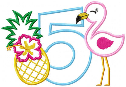 Flamingo and Pineapple with Hibiscus Flower Number 5 Five 5th Birthday - Applique
