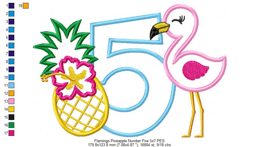 Flamingo and Pineapple with Hibiscus Flower Number 5 Five 5th Birthday - Applique