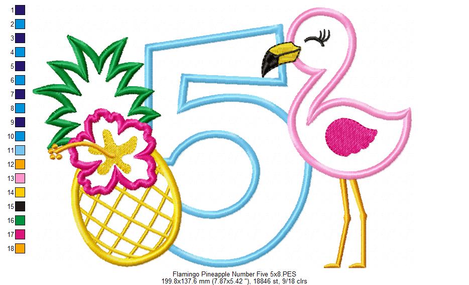 Flamingo and Pineapple with Hibiscus Flower Number 5 Five 5th Birthday - Applique