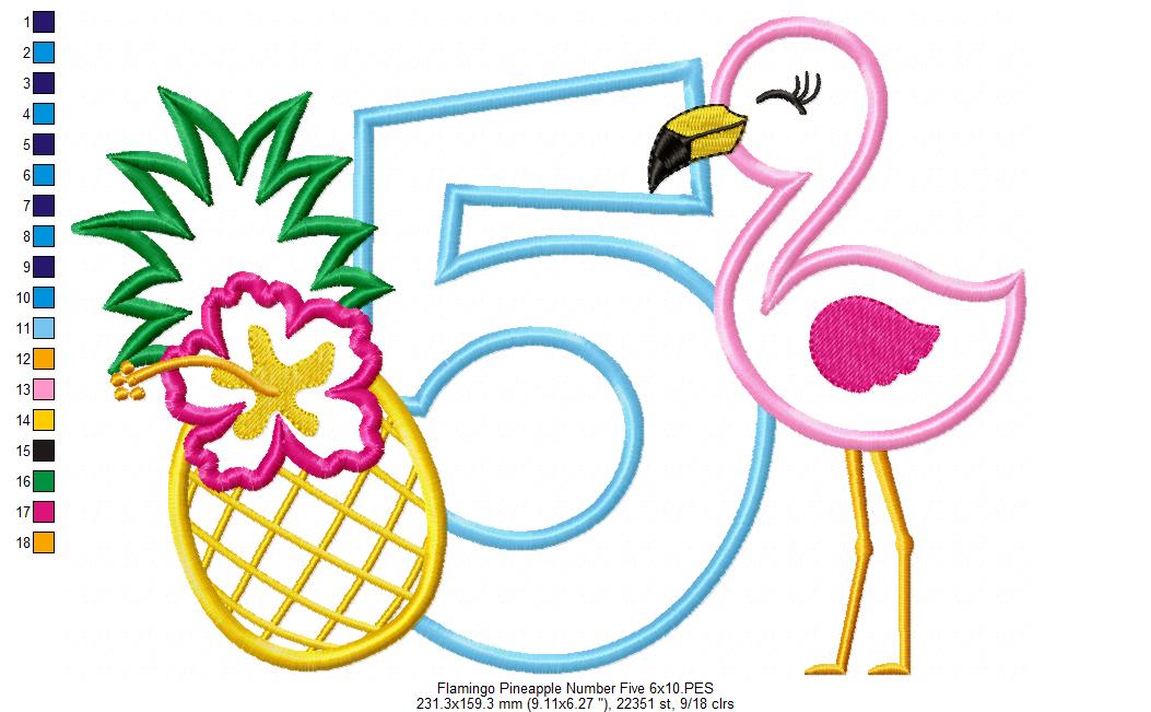 Flamingo and Pineapple with Hibiscus Flower Number 5 Five 5th Birthday - Applique