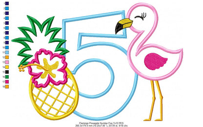 Flamingo and Pineapple with Hibiscus Flower Number 5 Five 5th Birthday - Applique