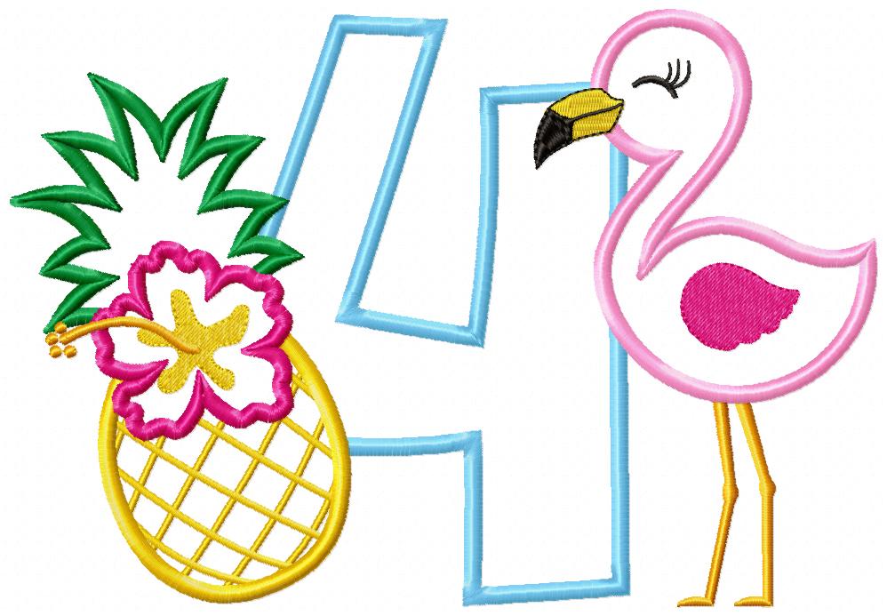 Flamingo and Pineapple with Hibiscus Flower Number 4 Four 4th birthday - Applique