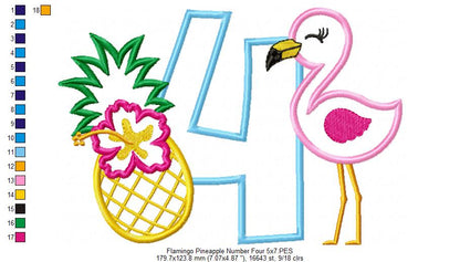 Flamingo and Pineapple with Hibiscus Flower Number 4 Four 4th birthday - Applique