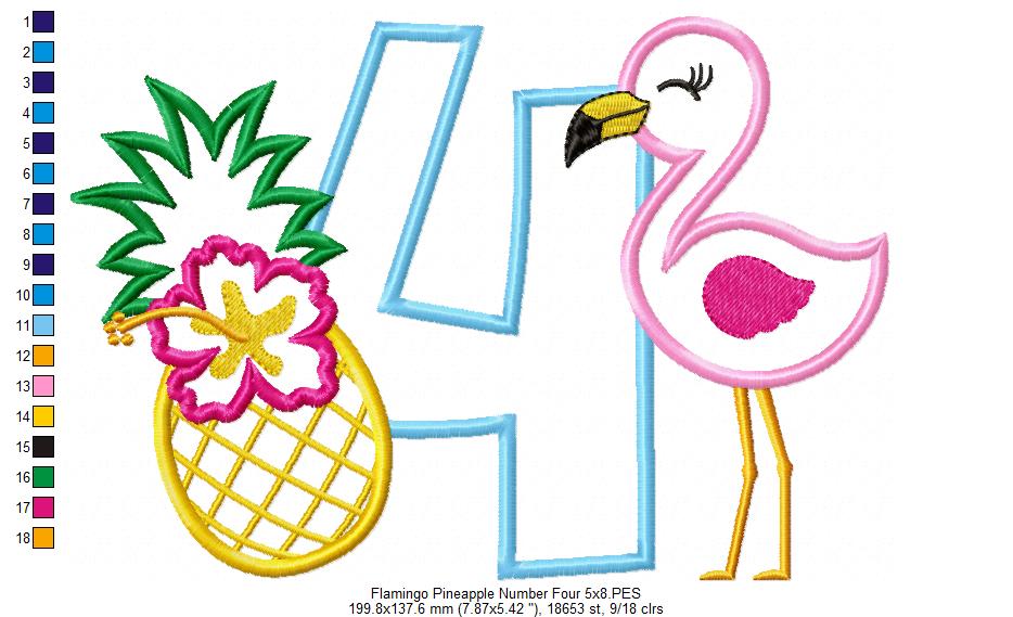 Flamingo and Pineapple with Hibiscus Flower Number 4 Four 4th birthday - Applique
