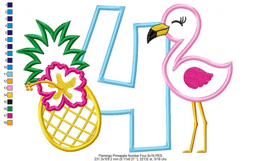 Flamingo and Pineapple with Hibiscus Flower Number 4 Four 4th birthday - Applique