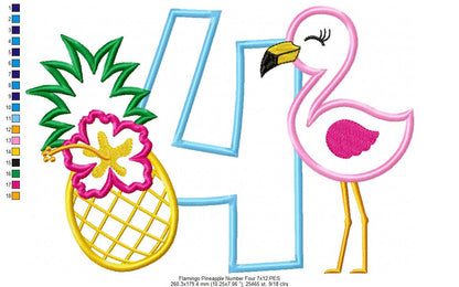 Flamingo and Pineapple with Hibiscus Flower Number 4 Four 4th birthday - Applique