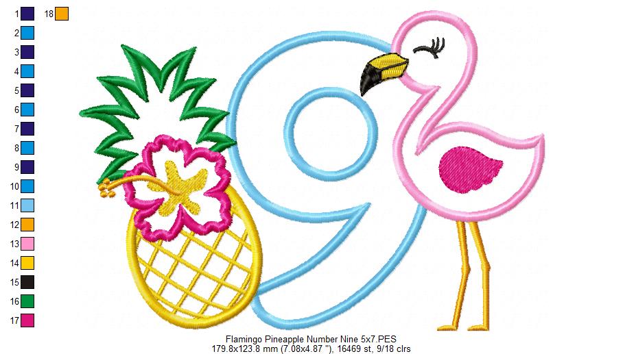 Flamingo and Pineapple with Hibiscus Flower Number 9 Nine 9th Birthday - Applique