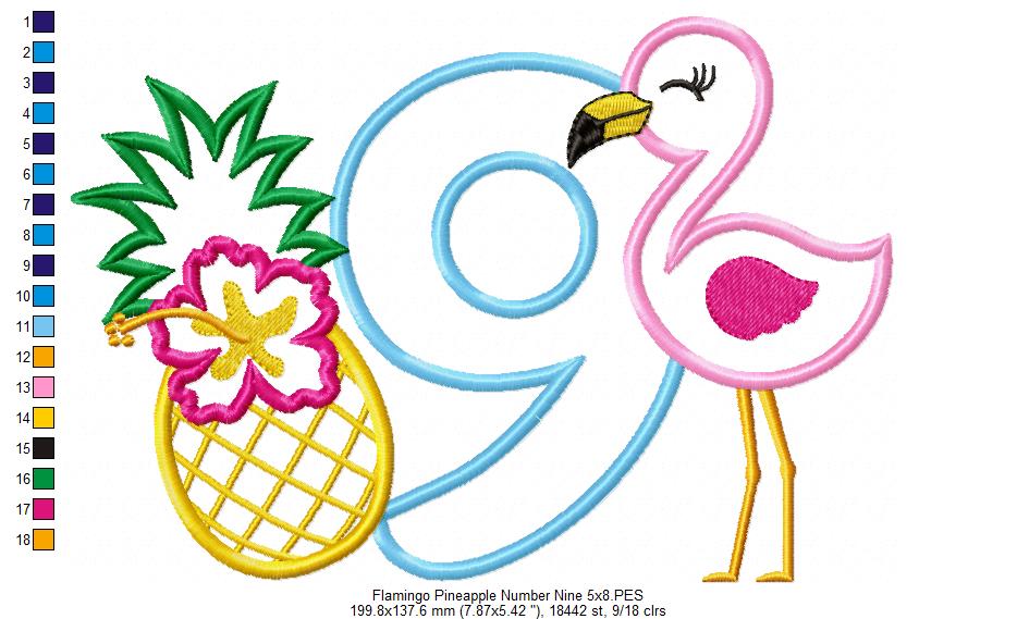 Flamingo and Pineapple with Hibiscus Flower Number 9 Nine 9th Birthday - Applique