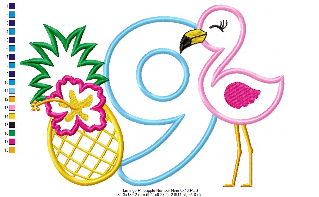 Flamingo and Pineapple with Hibiscus Flower Number 9 Nine 9th Birthday - Applique
