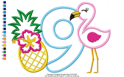Flamingo and Pineapple with Hibiscus Flower Number 9 Nine 9th Birthday - Applique
