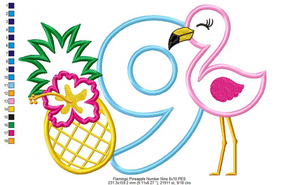 Flamingo and Pineapple with Hibiscus Flower Number 9 Nine 9th Birthday - Applique