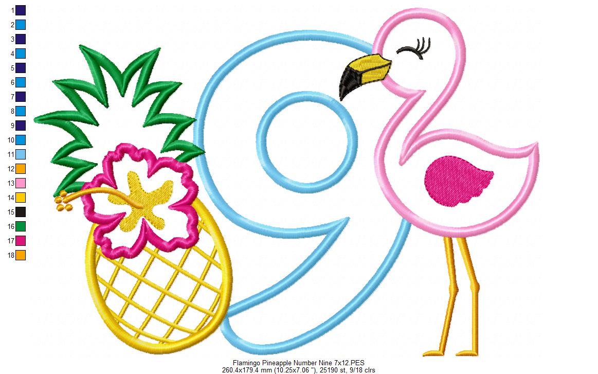 Flamingo and Pineapple with Hibiscus Flower Number 9 Nine 9th Birthday - Applique