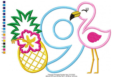 Flamingo and Pineapple with Hibiscus Flower Number 9 Nine 9th Birthday - Applique