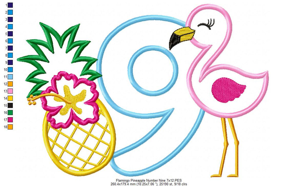 Flamingo and Pineapple with Hibiscus Flower Number 9 Nine 9th Birthday - Applique