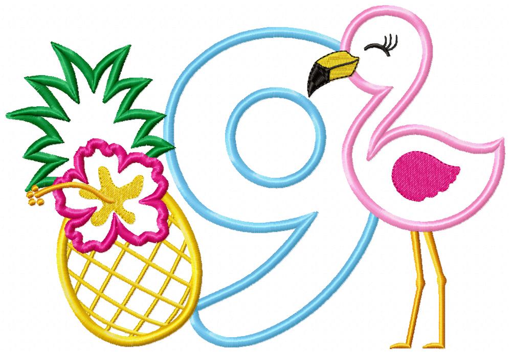 Flamingo and Pineapple with Hibiscus Flower Number 9 Nine 9th Birthday - Applique