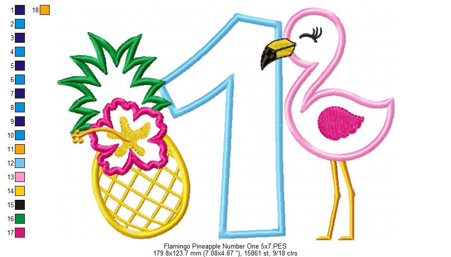 Flamingo and Pineapple with Hibiscus Flower One First Birthday Number 1 One - Applique