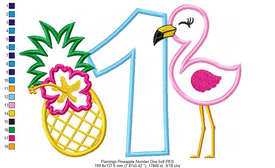 Flamingo and Pineapple with Hibiscus Flower One First Birthday Number 1 One - Applique