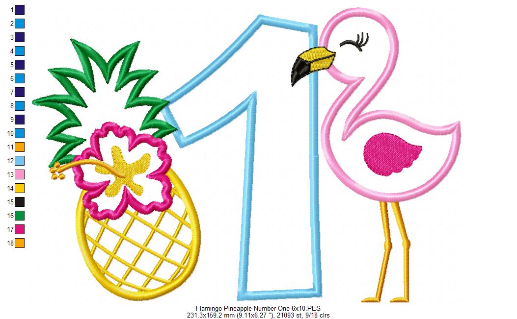 Flamingo and Pineapple with Hibiscus Flower One First Birthday Number 1 One - Applique