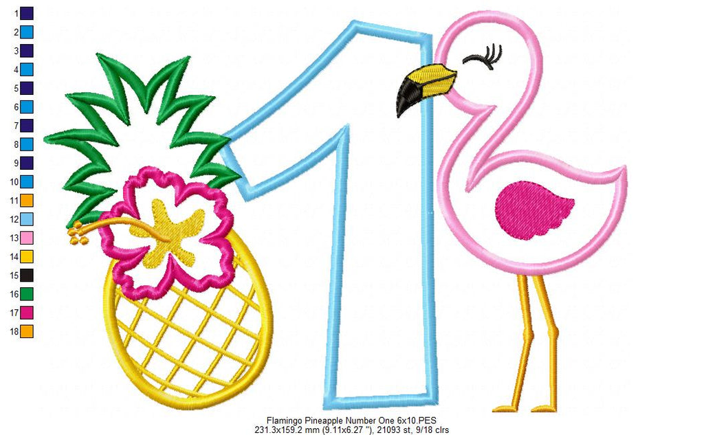 Flamingo and Pineapple with Hibiscus Flower One First Birthday Number 1 One - Applique