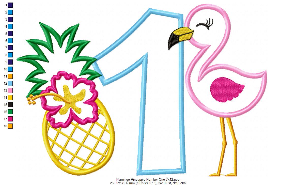 Flamingo and Pineapple with Hibiscus Flower One First Birthday Number 1 One - Applique