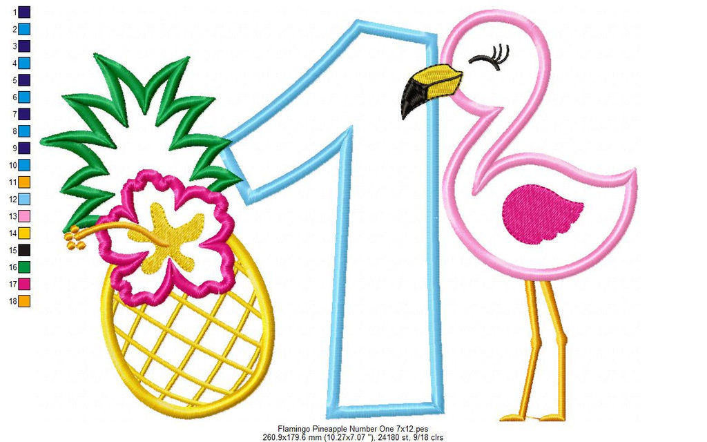 Flamingo and Pineapple with Hibiscus Flower One First Birthday Number 1 One - Applique