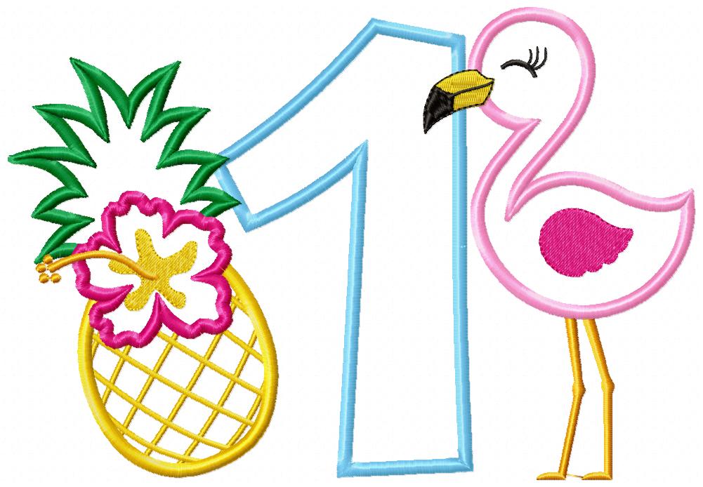 Flamingo and Pineapple with Hibiscus Flower One First Birthday Number 1 One - Applique