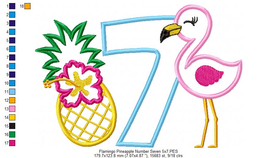 Flamingo and Pineapple with Hibiscus Flower Number 7 Seven 7th Birthday - Applique