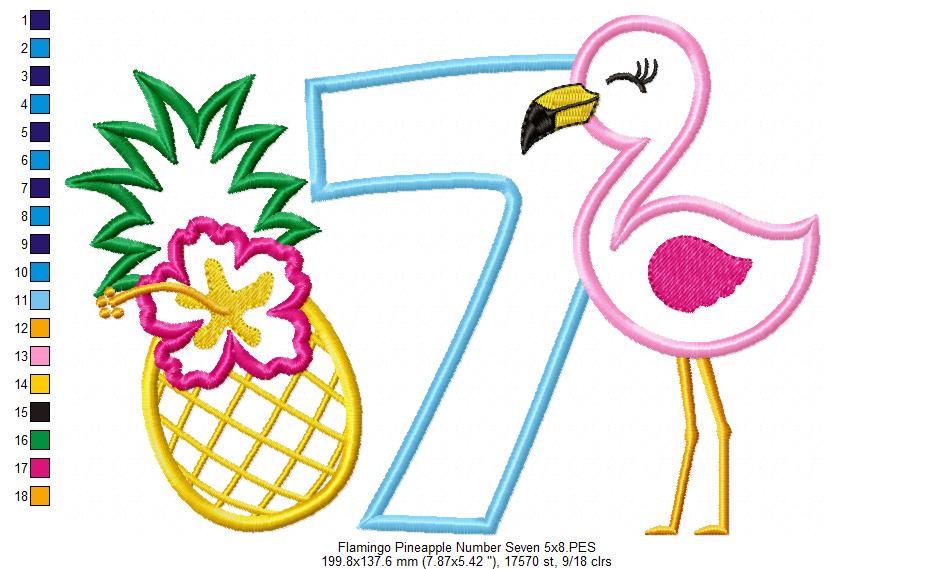 Flamingo and Pineapple with Hibiscus Flower Number 7 Seven 7th Birthday - Applique