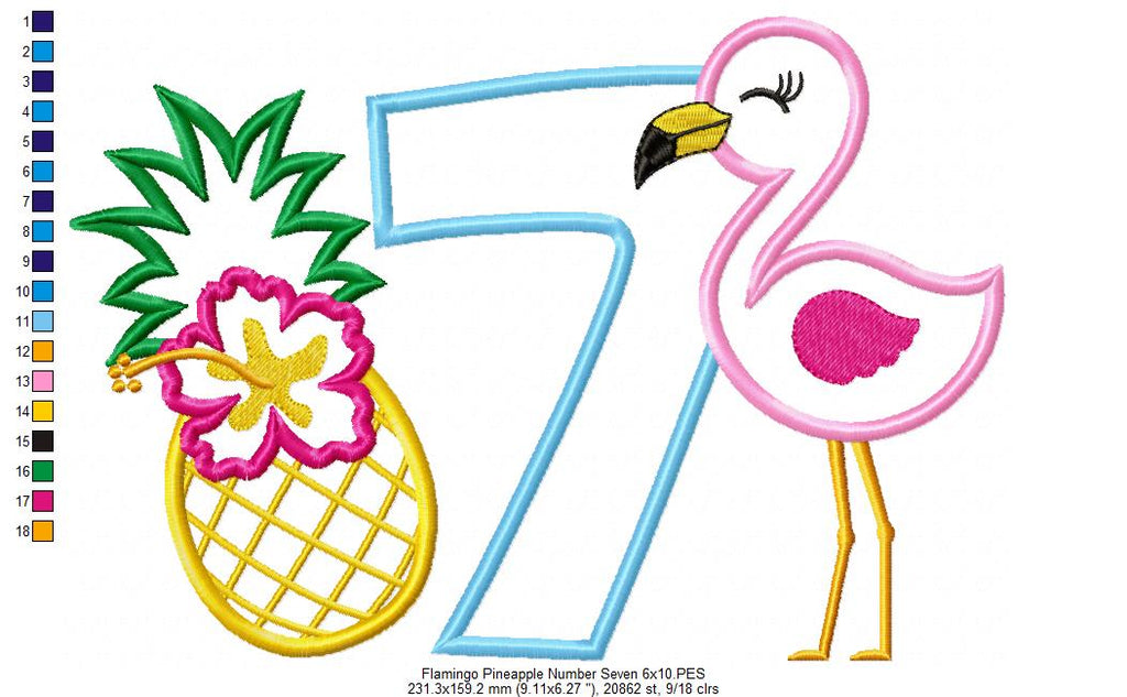 Flamingo and Pineapple with Hibiscus Flower Number 7 Seven 7th Birthday - Applique