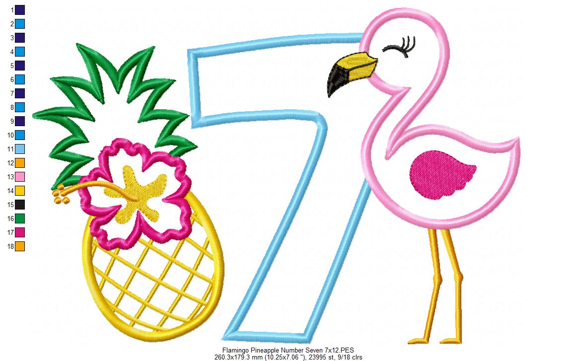 Flamingo and Pineapple with Hibiscus Flower Number 7 Seven 7th Birthday - Applique