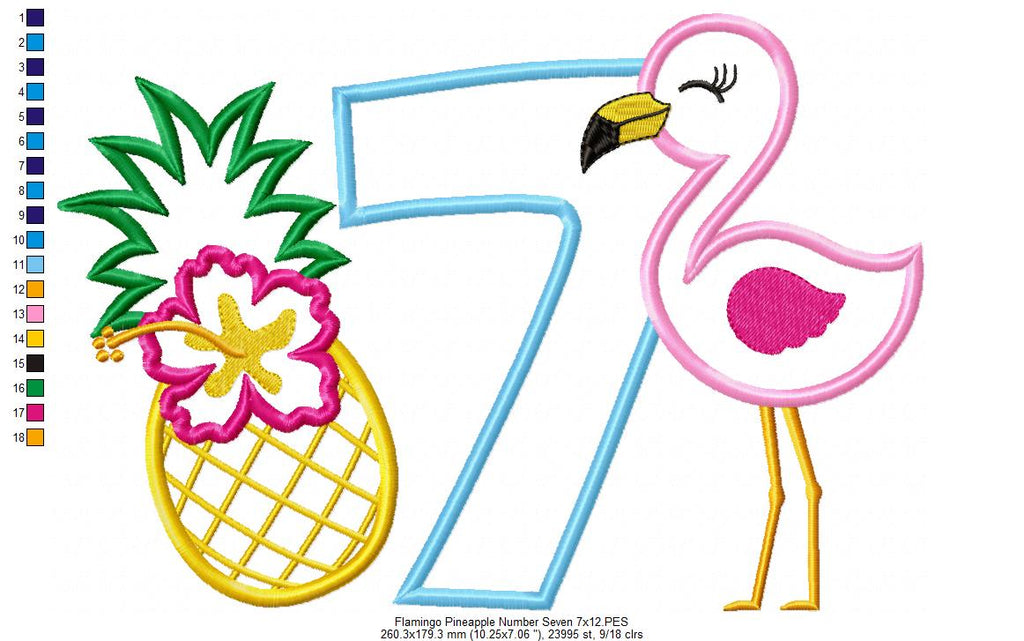 Flamingo and Pineapple with Hibiscus Flower Number 7 Seven 7th Birthday - Applique