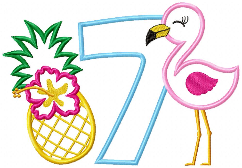 Flamingo and Pineapple with Hibiscus Flower Number 7 Seven 7th Birthday - Applique