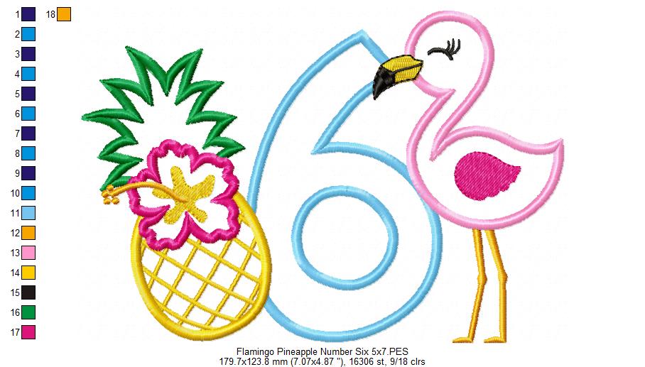 Flamingo and Pineapple with Hibiscus Flower Number 6 Six 6th Birthday - Applique