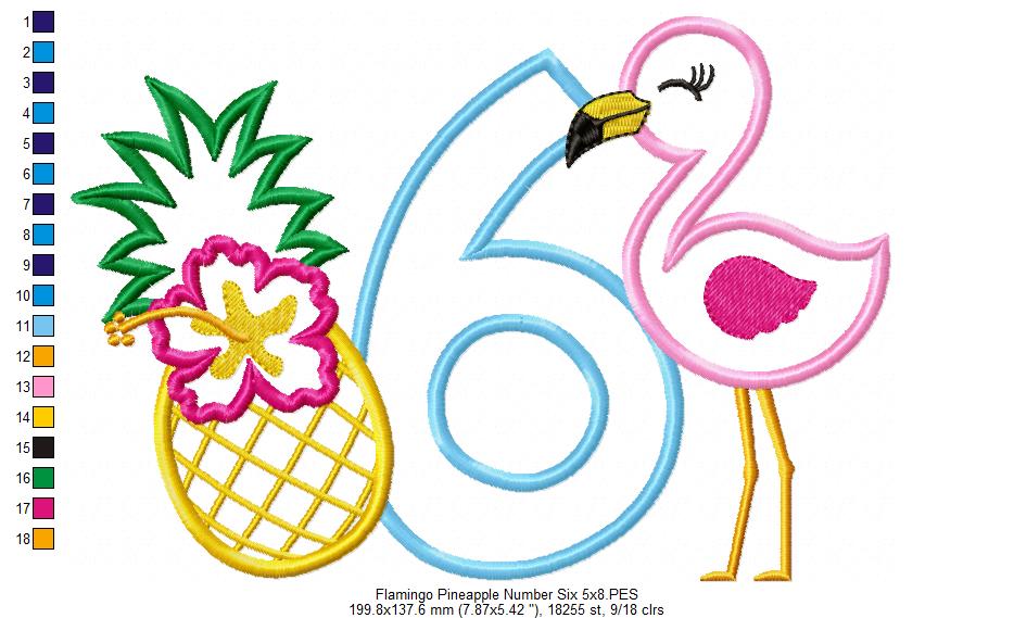 Flamingo and Pineapple with Hibiscus Flower Number 6 Six 6th Birthday - Applique