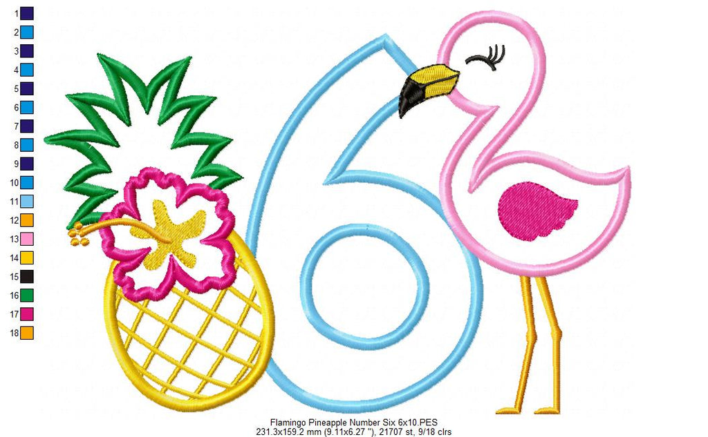 Flamingo and Pineapple with Hibiscus Flower Number 6 Six 6th Birthday - Applique