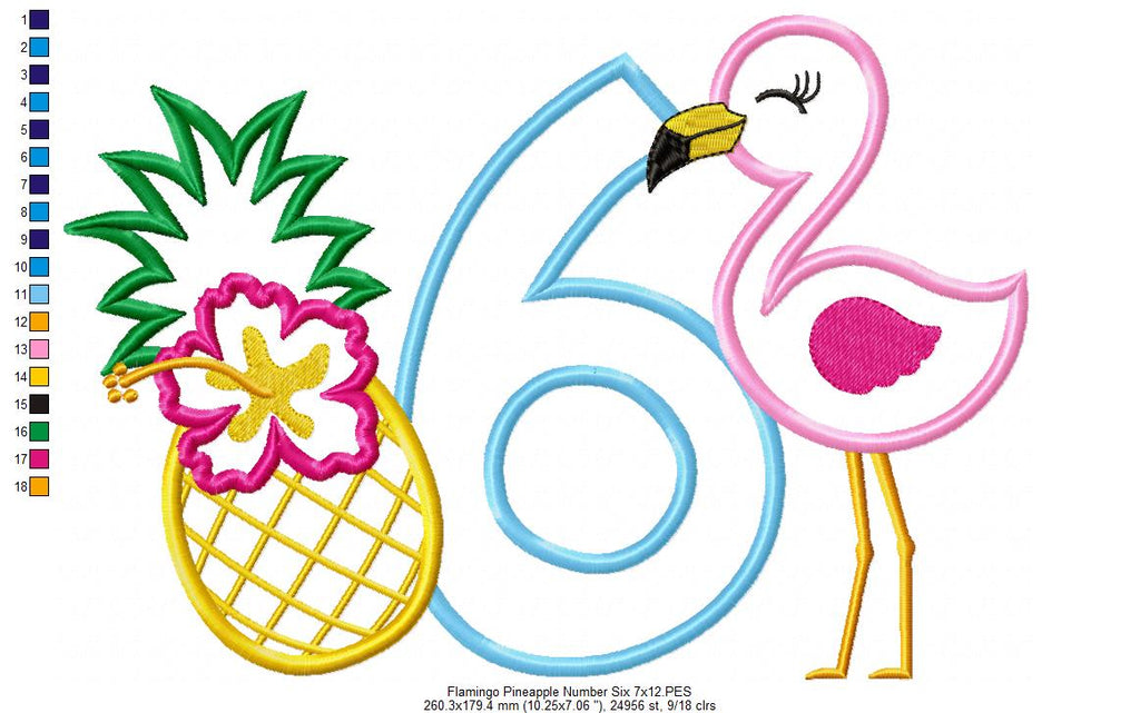 Flamingo and Pineapple with Hibiscus Flower Number 6 Six 6th Birthday - Applique