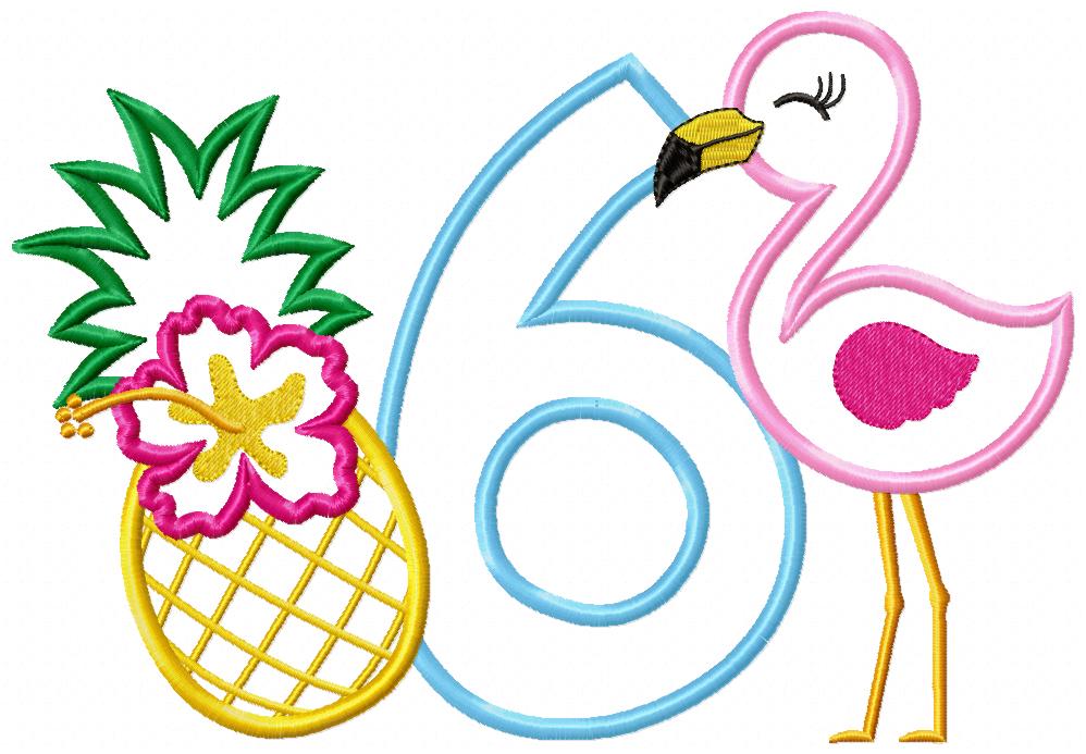 Flamingo and Pineapple with Hibiscus Flower Number 6 Six 6th Birthday - Applique