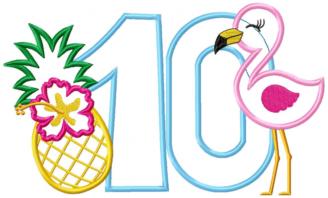 Flamingo and Pineapple with Hibiscus Flower Number Ten 10 Tenth Birthday - Applique